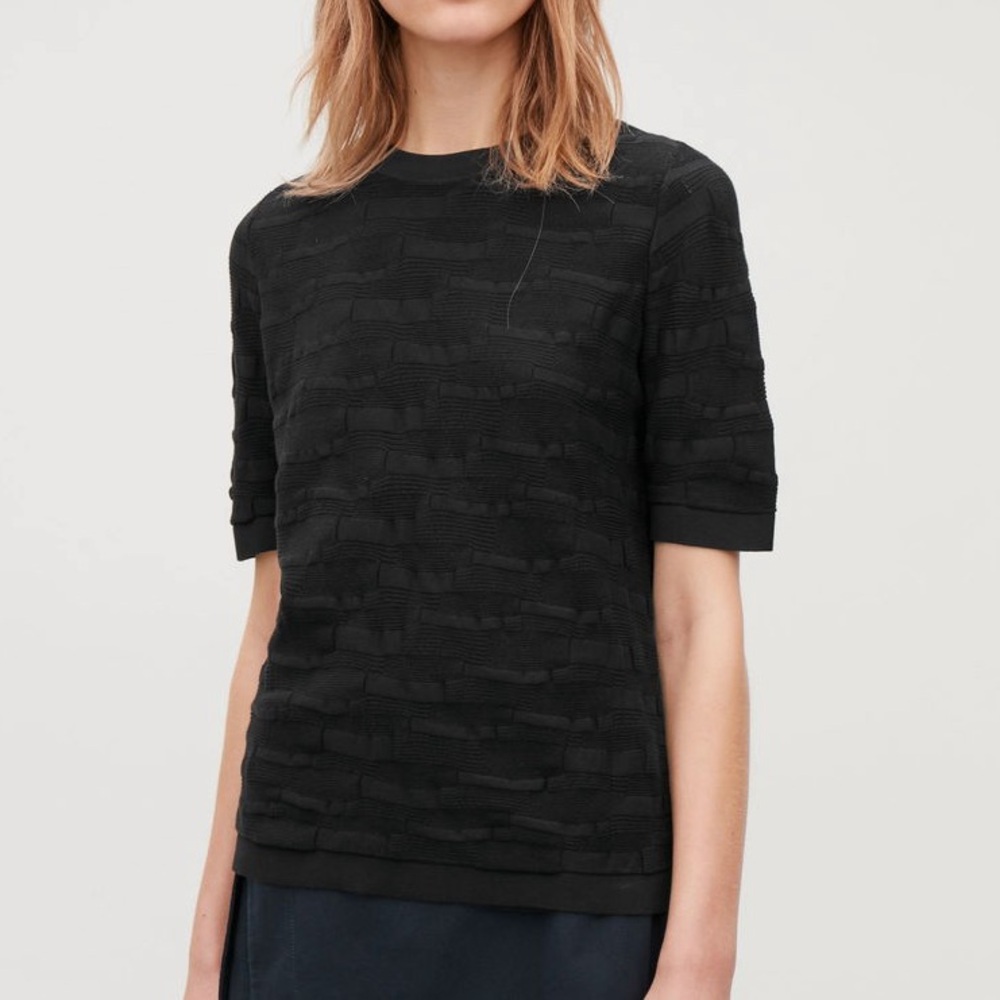 COS Black Irregular-Stitch Textured Knit Top Tee Cotton Women’s Small - Picture 11 of 13